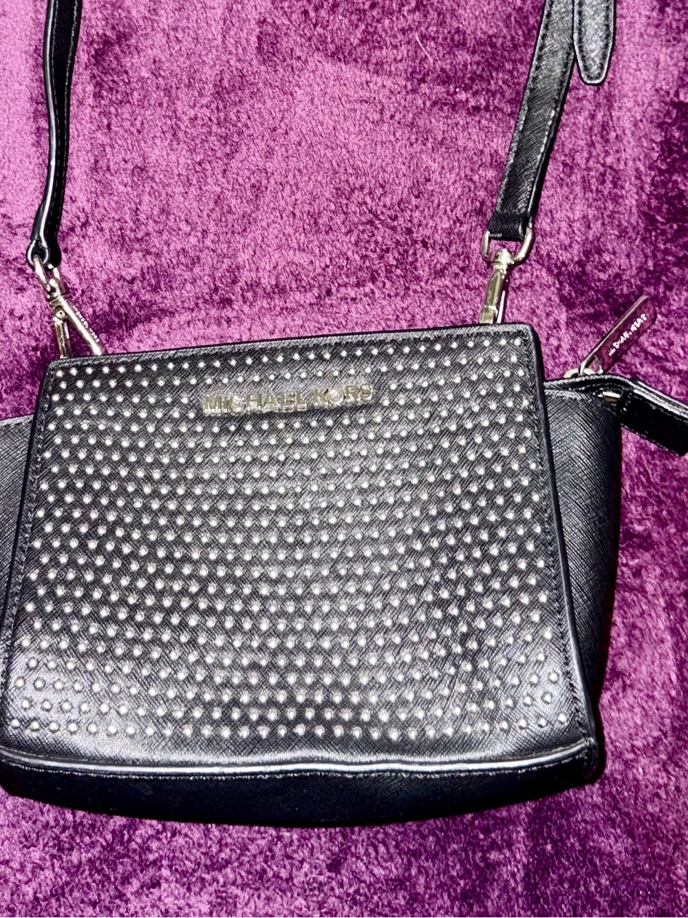 Michael Kors Black Studded Saffiano Crossbody Bag with Gold Logo